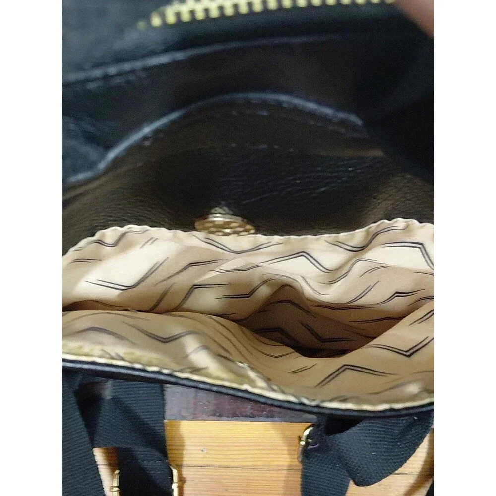Woman's Black Faux Leather Gold Zippers Double Strap Bookbag Small 11.5